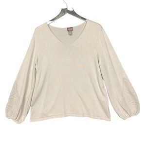 Chicos Sweater 2 Womens 12 Beige V Neck Embroidered Balloon‎ Sleeve Knit Rayon